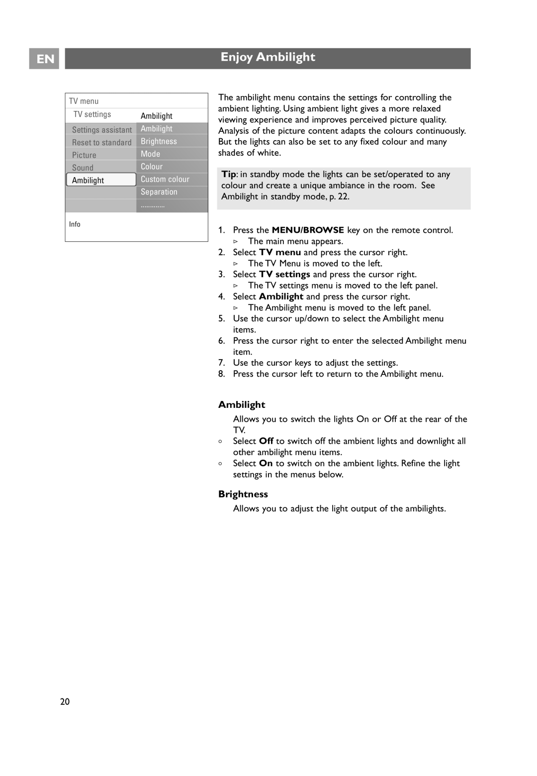 Philips 32PF9641D/10 user manual Enjoy Ambilight, Brightness, Allows you to adjust the light output of the ambilights 