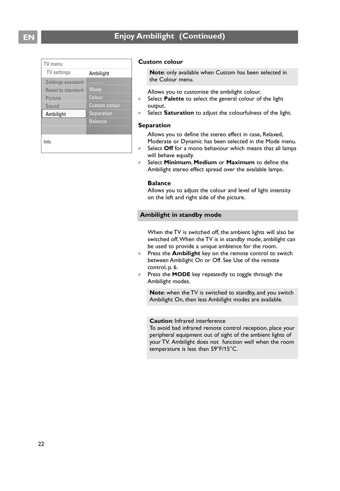 Philips 32PF9641D/10 user manual Custom colour, Separation, Ambilight in standby mode 