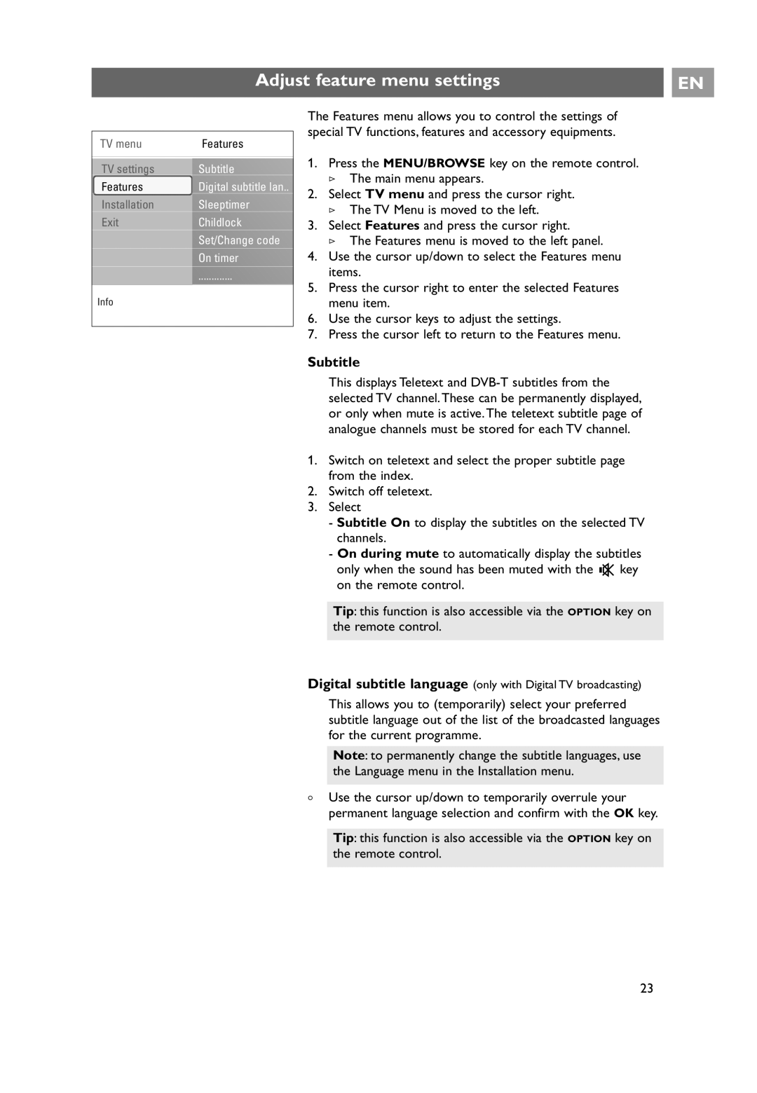 Philips 32PF9641D/10 user manual Adjust feature menu settings, Subtitle 