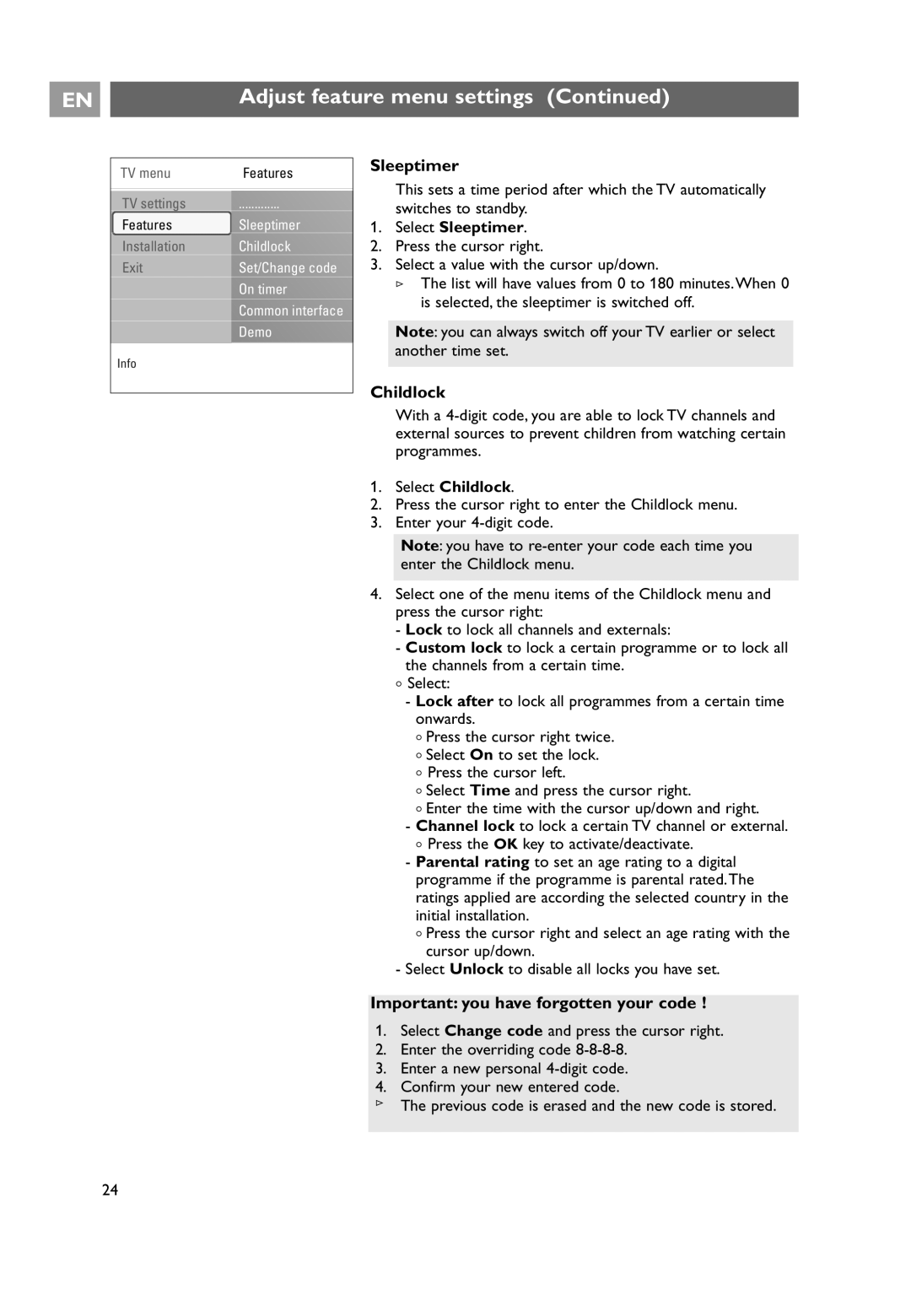 Philips 32PF9641D/10 user manual Important you have forgotten your code, Select Sleeptimer, Select Childlock 