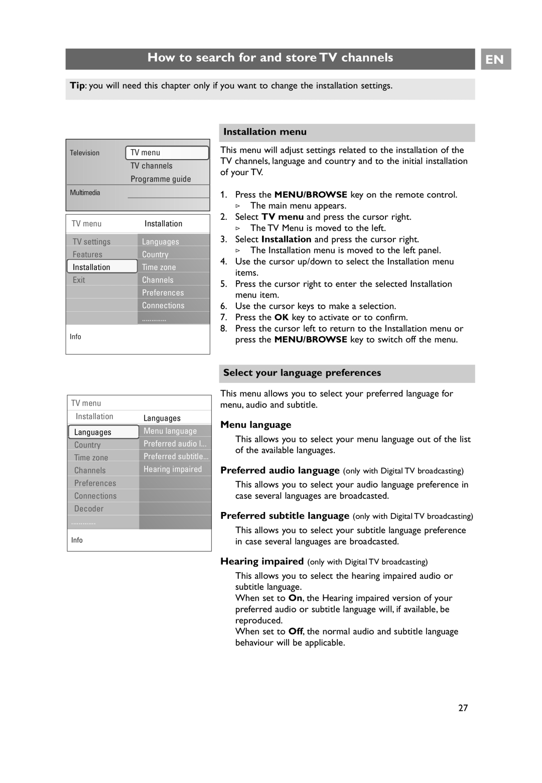 Philips 32PF9641D/10 How to search for and store TV channels, Installation menu, Select your language preferences 