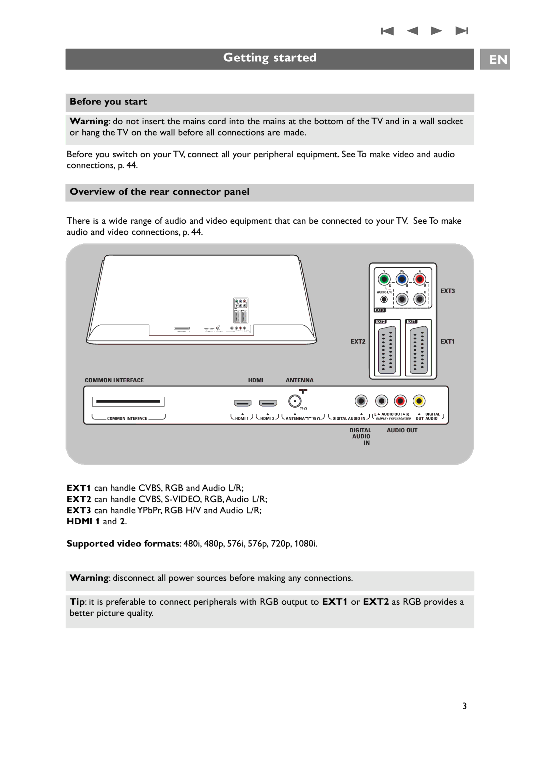 Philips 32PF9641D/10 user manual Getting started, Before you start, Overview of the rear connector panel 