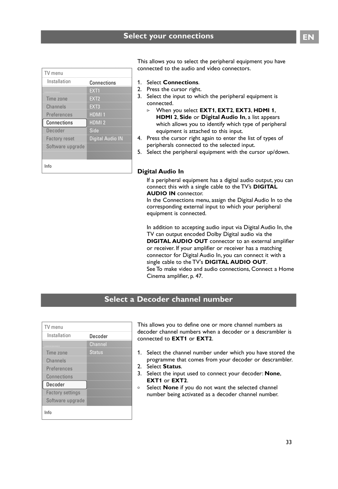 Philips 32PF9641D/10 Select your connections, Select a Decoder channel number, Digital Audio, Select Connections 