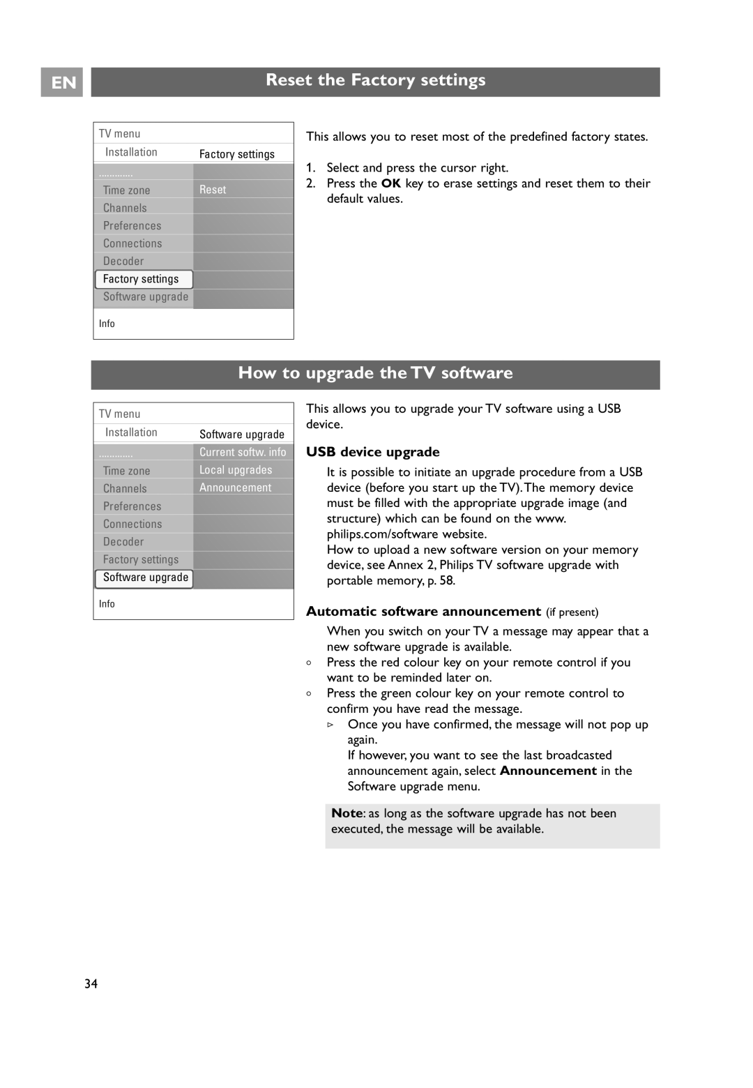 Philips 32PF9641D/10 user manual Reset the Factory settings, How to upgrade the TV software, USB device upgrade 