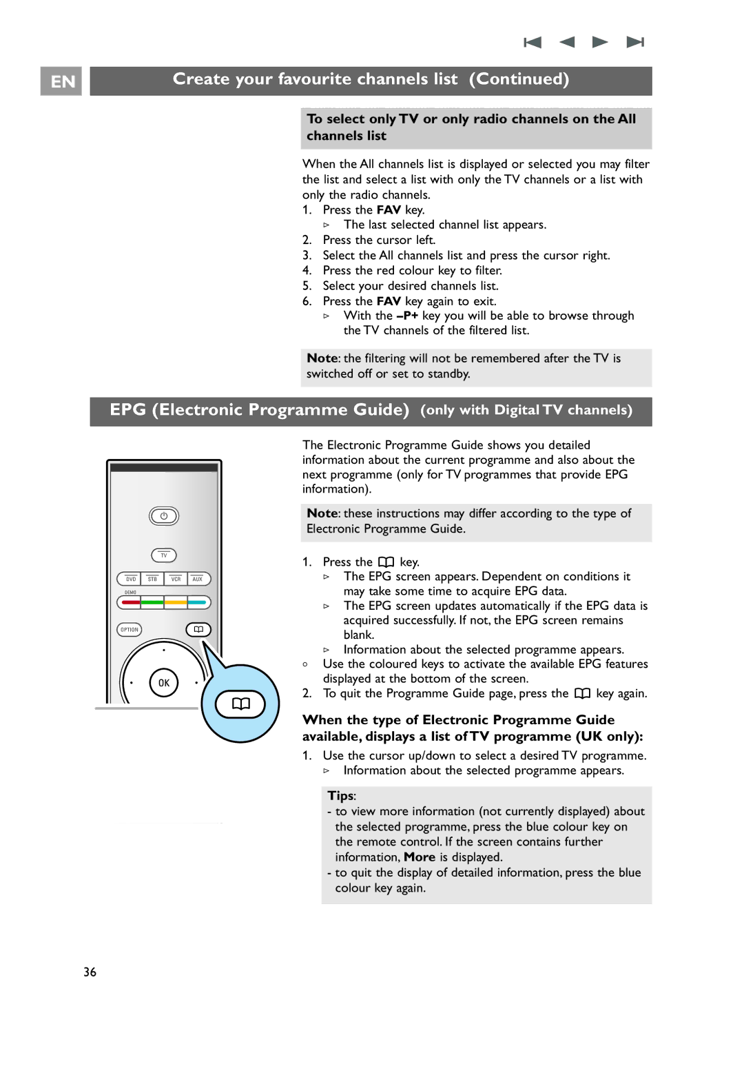 Philips 32PF9641D/10 user manual Create your favourite channels list, Tips 