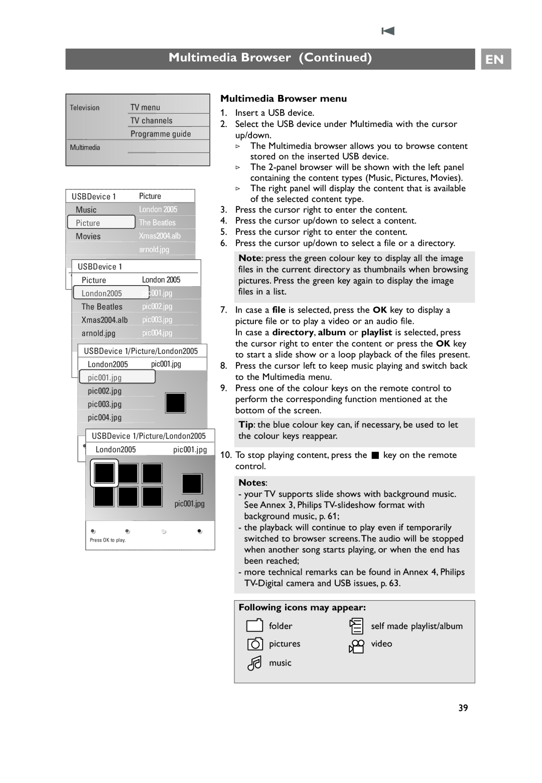 Philips 32PF9641D/10 user manual Multimedia Browser menu, Following icons may appear 