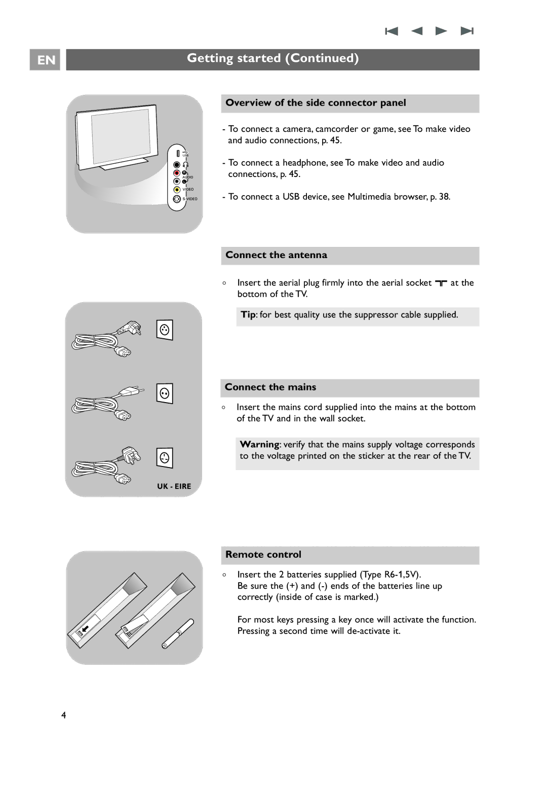 Philips 32PF9641D/10 user manual Connect the antenna, Connect the mains, Remote control 