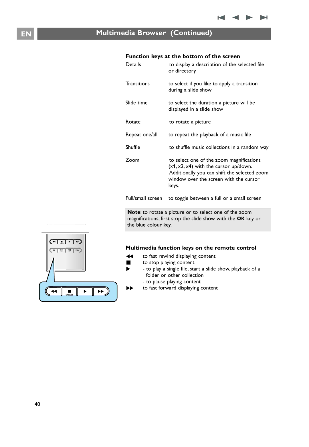 Philips 32PF9641D/10 user manual Function keys at the bottom of the screen, Multimedia function keys on the remote control 