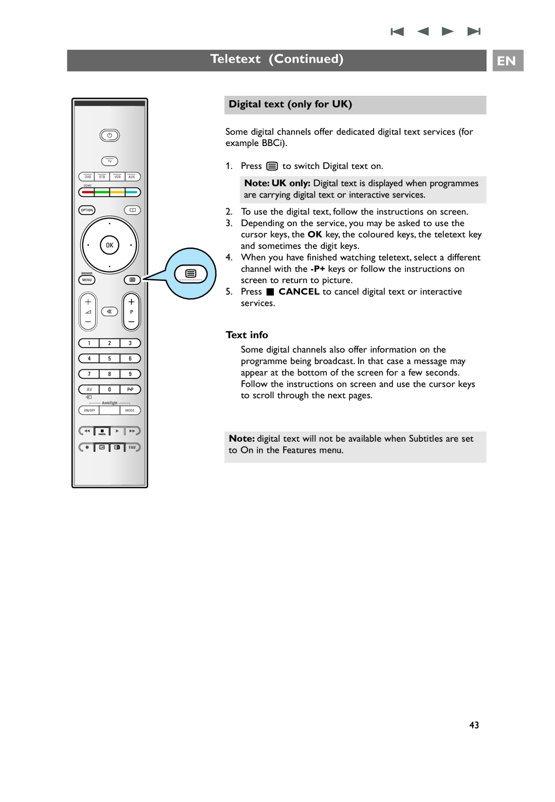 Philips 32PF9641D/10 user manual Digital text only for UK, Text info 