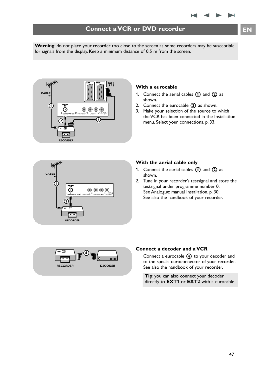 Philips 32PF9641D/10 user manual Connect a VCR or DVD recorder, With a eurocable, With the aerial cable only 