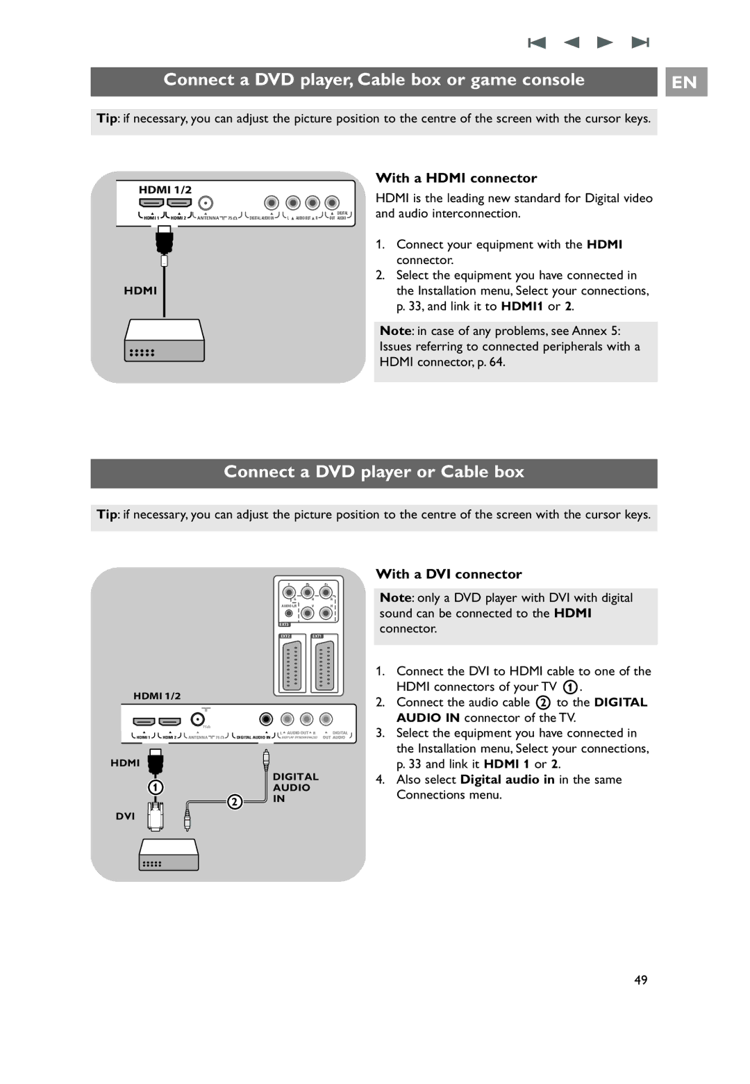 Philips 32PF9641D/10 user manual Connect a DVD player, Cable box or game console, Connect a DVD player or Cable box 