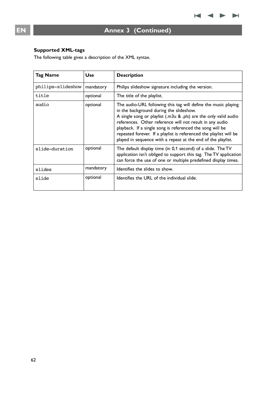 Philips 32PF9641D/10 user manual Supported XML-tags, Tag Name Use Description 