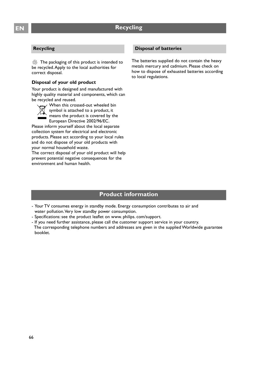 Philips 32PF9641D/10 user manual Product information, Recycling Disposal of batteries, Disposal of your old product 