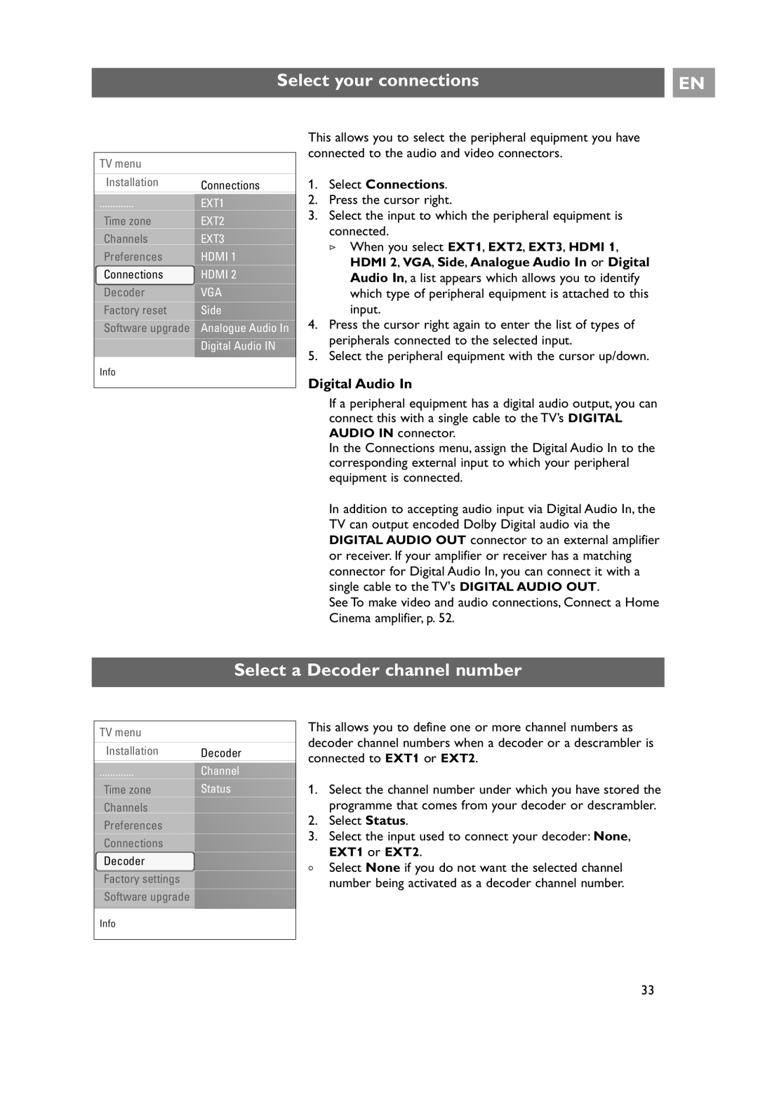 Philips 32PF9731D/10 Select your connections, Select a Decoder channel number, Digital Audio, Select Connections 