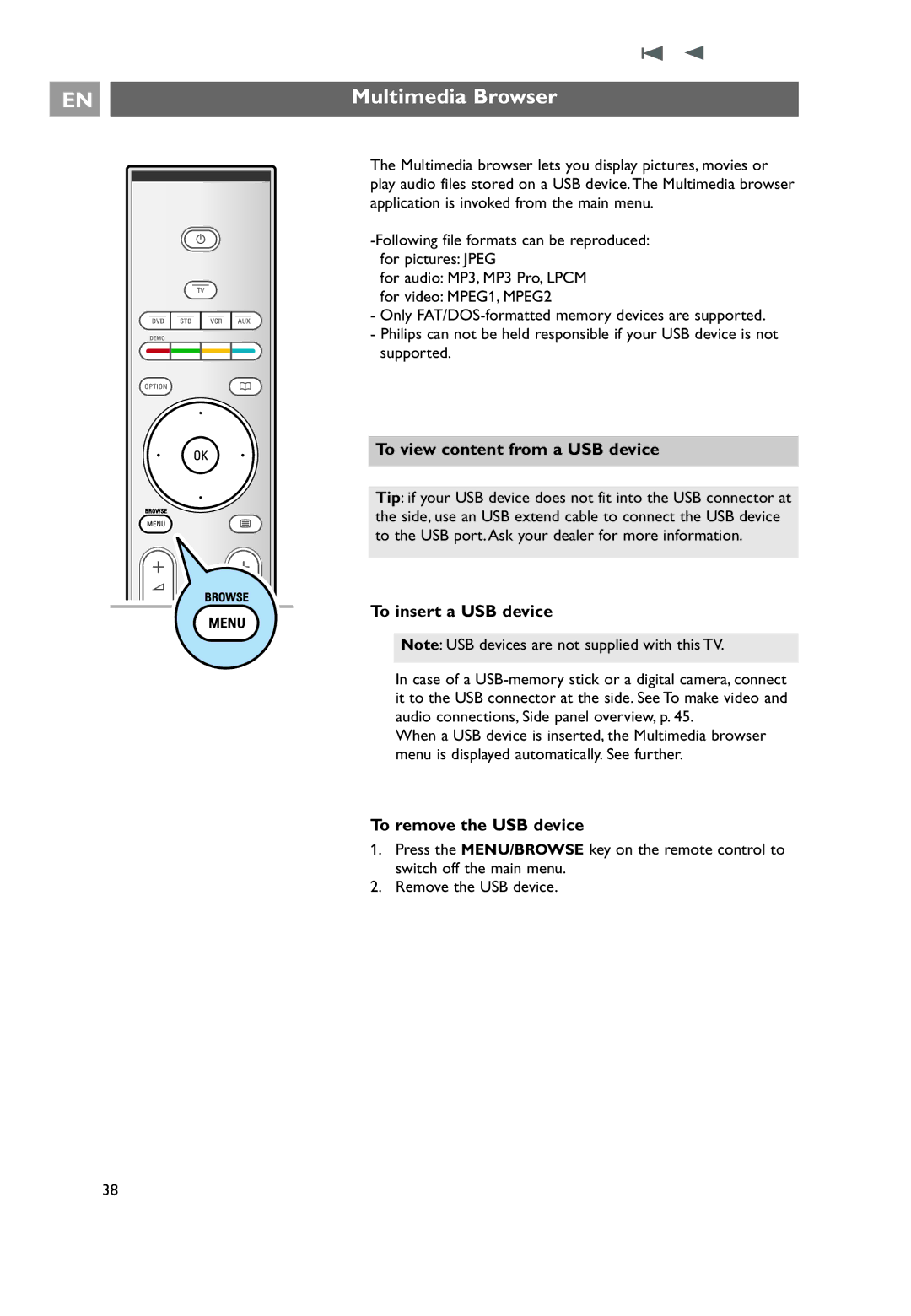 Philips 32PF9731D/10 instruction manual Multimedia Browser, To view content from a USB device, To insert a USB device 