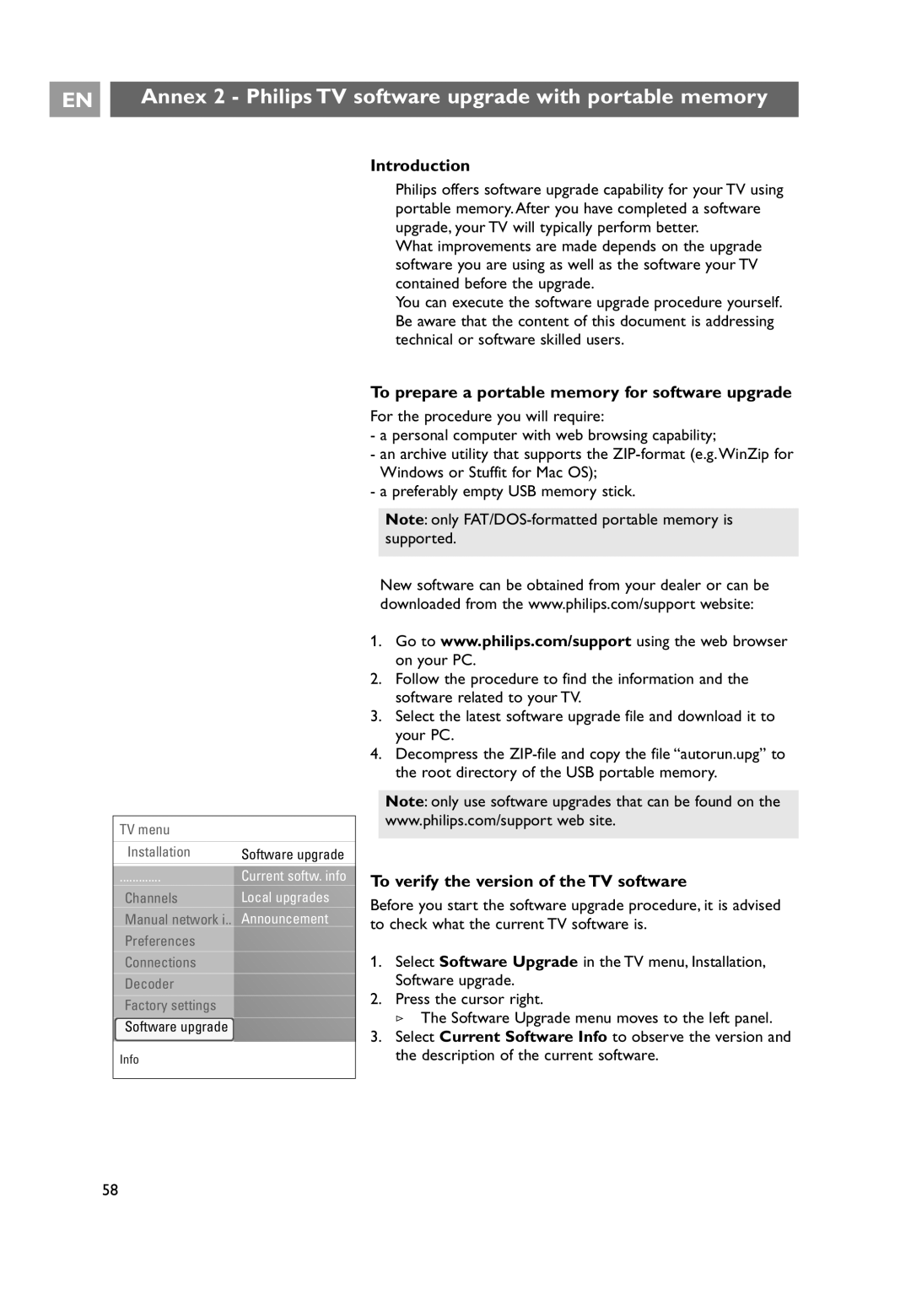 Philips 32PF9731D/10 Annex 2 Philips TV software upgrade with portable memory, To verify the version of the TV software 