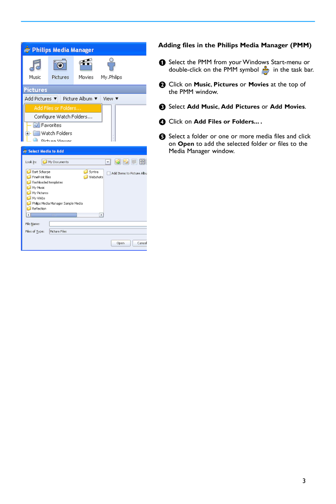 Philips 32PF9731D/10 instruction manual Adding files in the Philips Media Manager PMM 