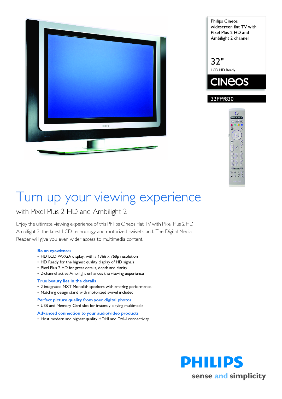 Philips 32PF9830 manual Turn up your viewing experience, with Pixel Plus 2 HD and Ambilight 