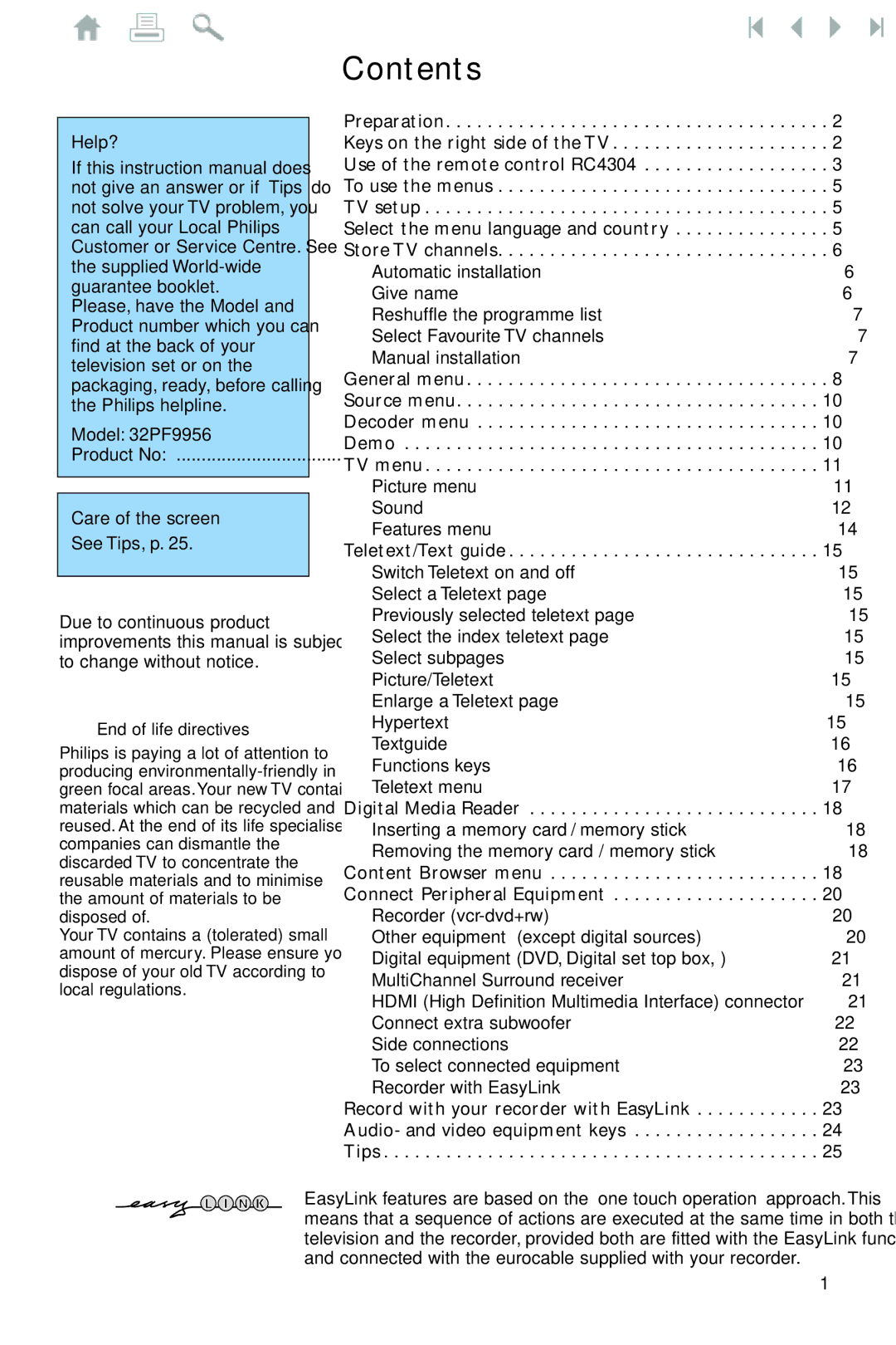 Philips 32PF9956 manual Contents 