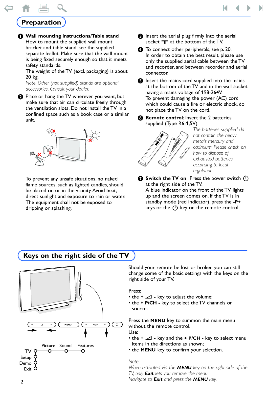 Philips 32PF9956 manual Preparation, Keys on the right side of the TV, Items in the directions as shown 