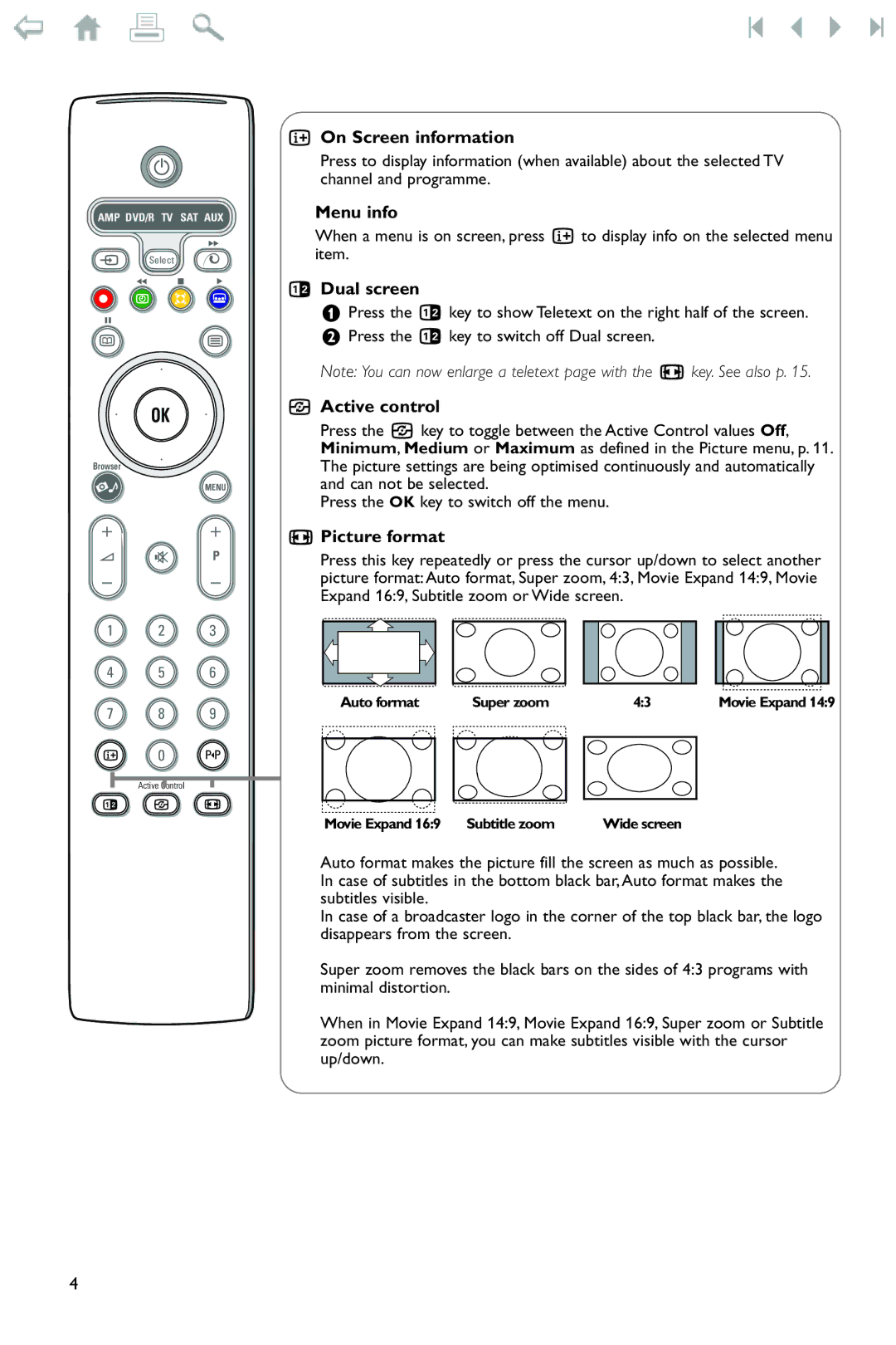 Philips 32PF9956 manual On Screen information, Menu info, Dual screen, Active control, Picture format 