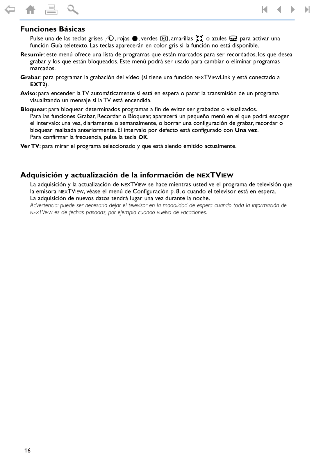 Philips 32PF9976 manual Funciones Básicas, Adquisición y actualización de la información de Nextview 