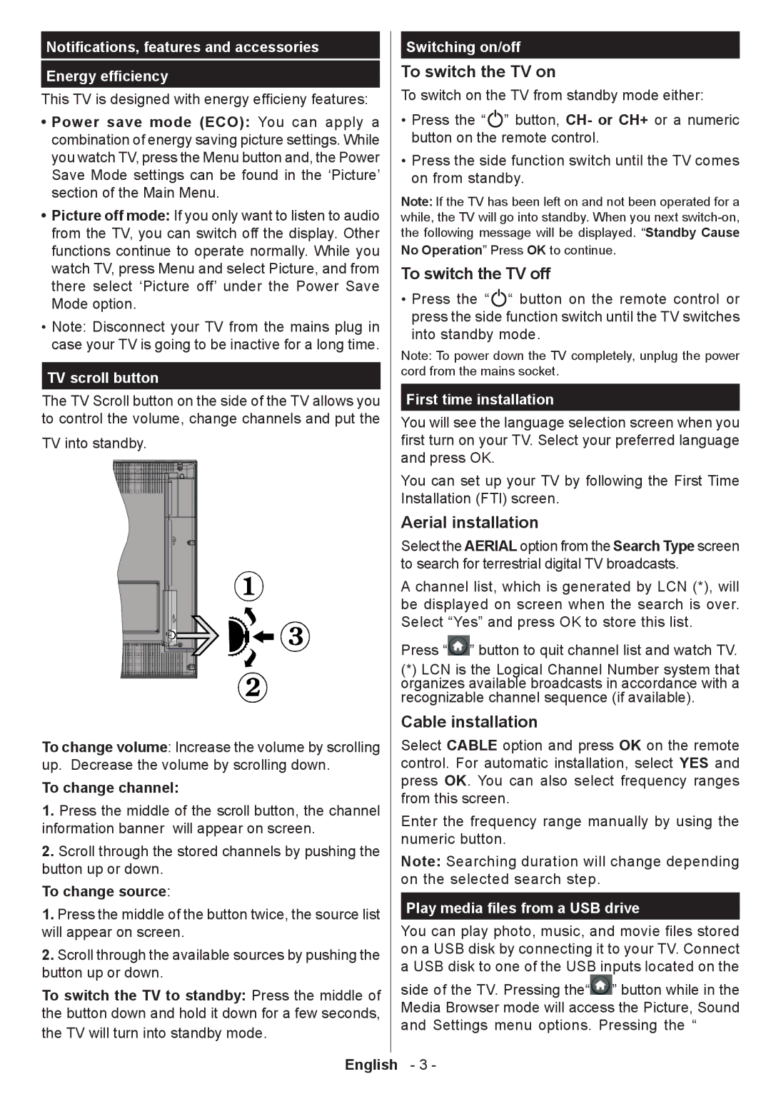 Philips 32PFL3008H/12 user manual To switch the TV on, To switch the TV off, Aerial installation, Cable installation 