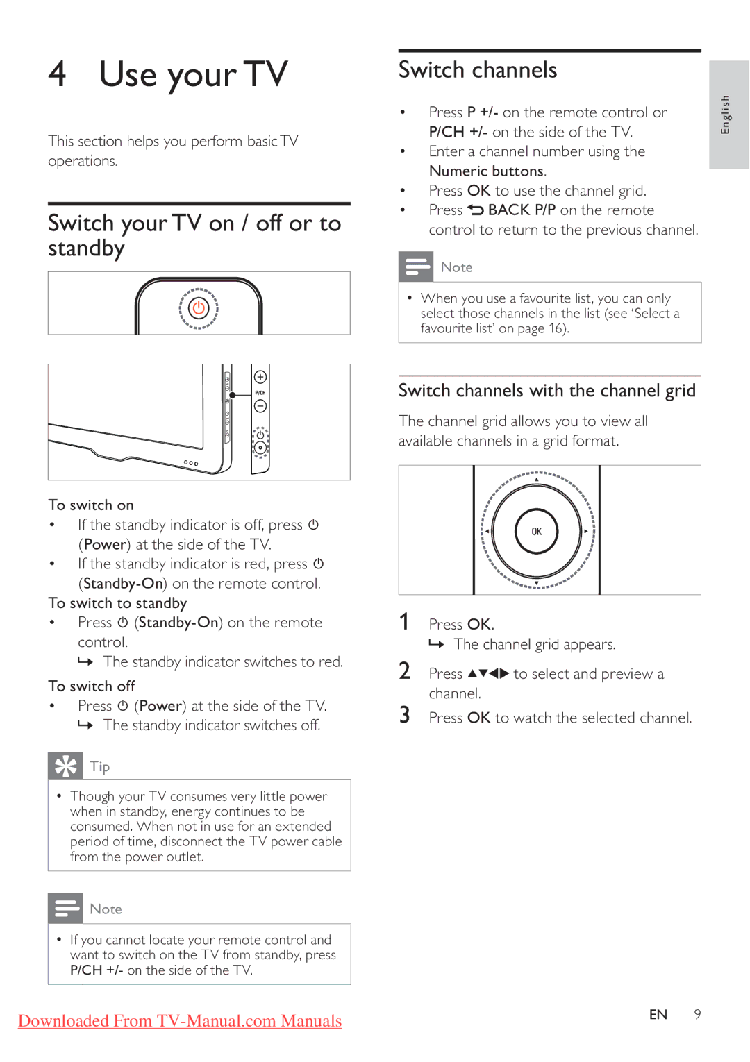 Philips 42PFL3405H/12, 32PFL3205H/12, 32PFL3405H/12 Use your TV, Switch your TV on / off or to standby, Switch channels 