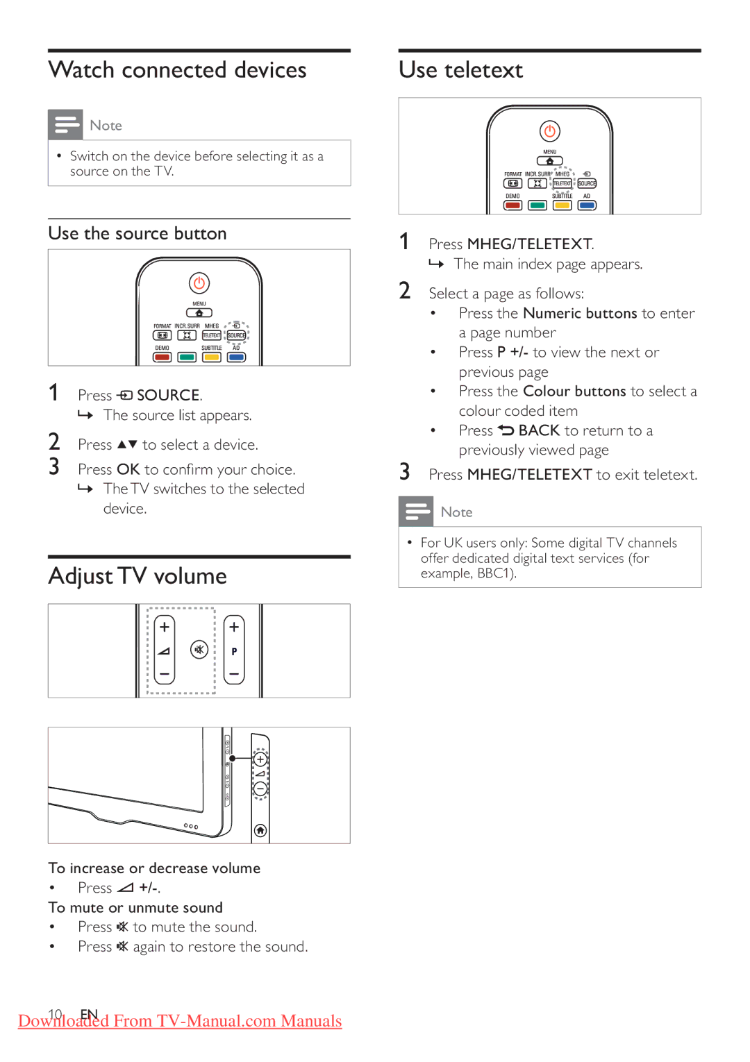 Philips 32PFL3205H/12, 32PFL3405H/12 Watch connected devices, Adjust TV volume, Use teletext, Use the source button 