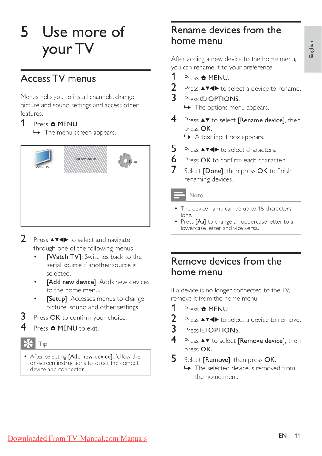 Philips 32PFL3405H/12, 32PFL3205H/12, 42PFL3405H/12 Use more of your TV, Access TV menus, Rename devices from Home menu 