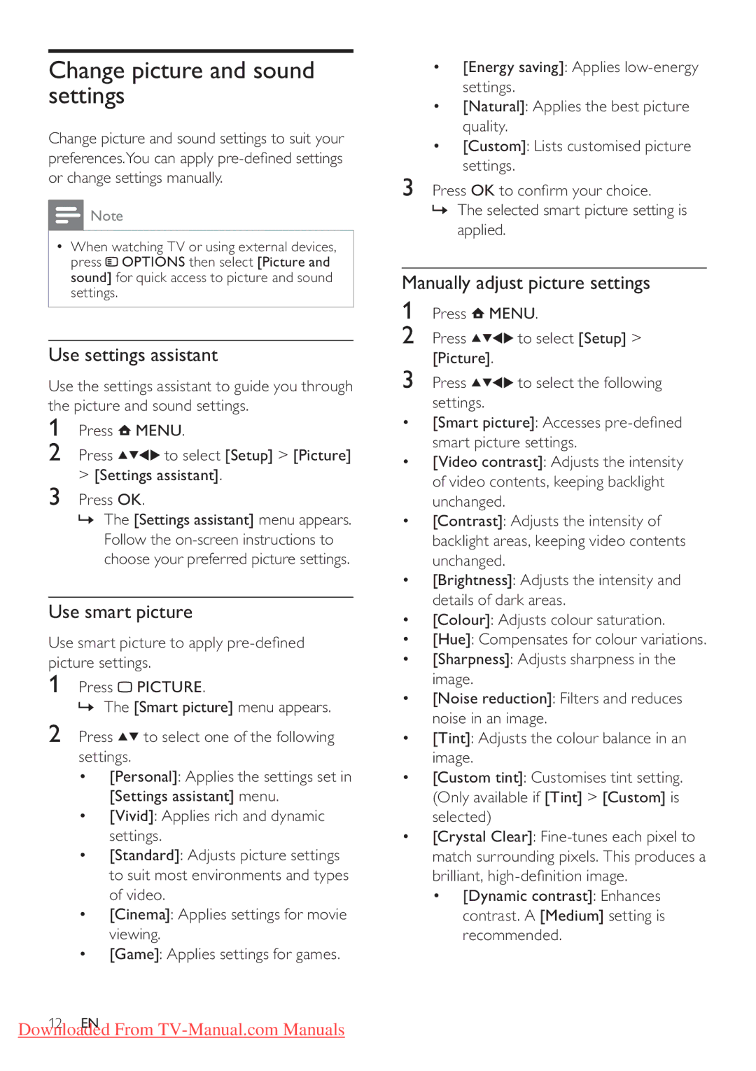 Philips 42PFL3405H/12, 32PFL3205H/12 Change picture and sound settings, Use settings assistant, Use smart picture 