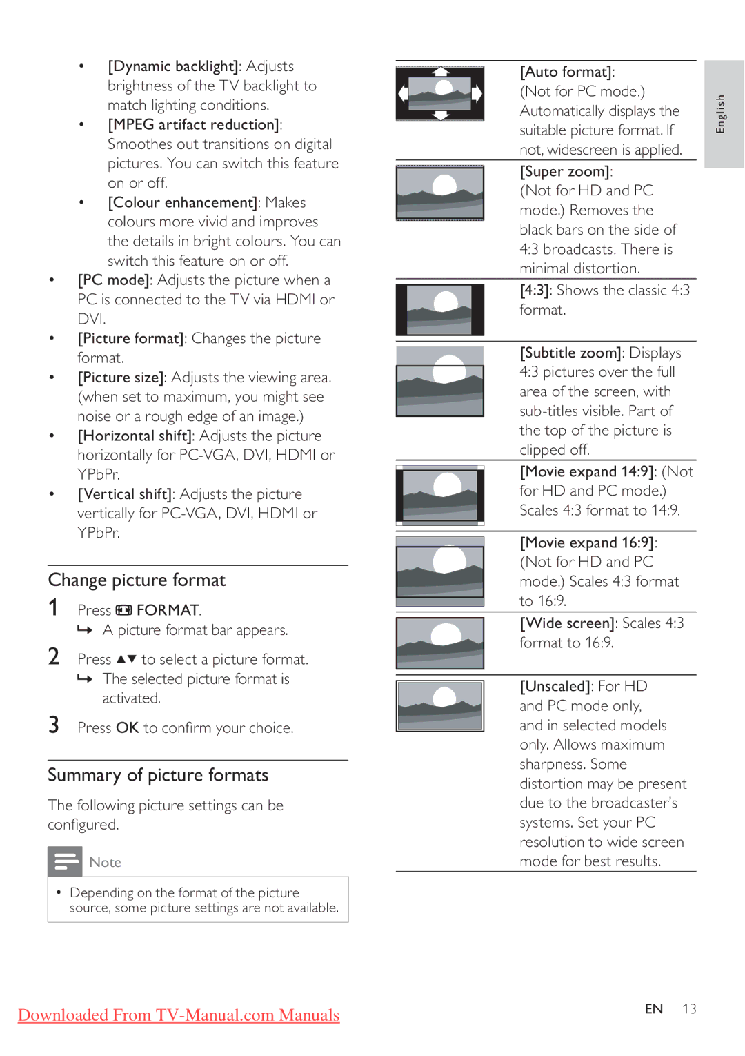 Philips 32PFL3205H/12 Change picture format, Summary of picture formats, Following picture settings can be conﬁgured 