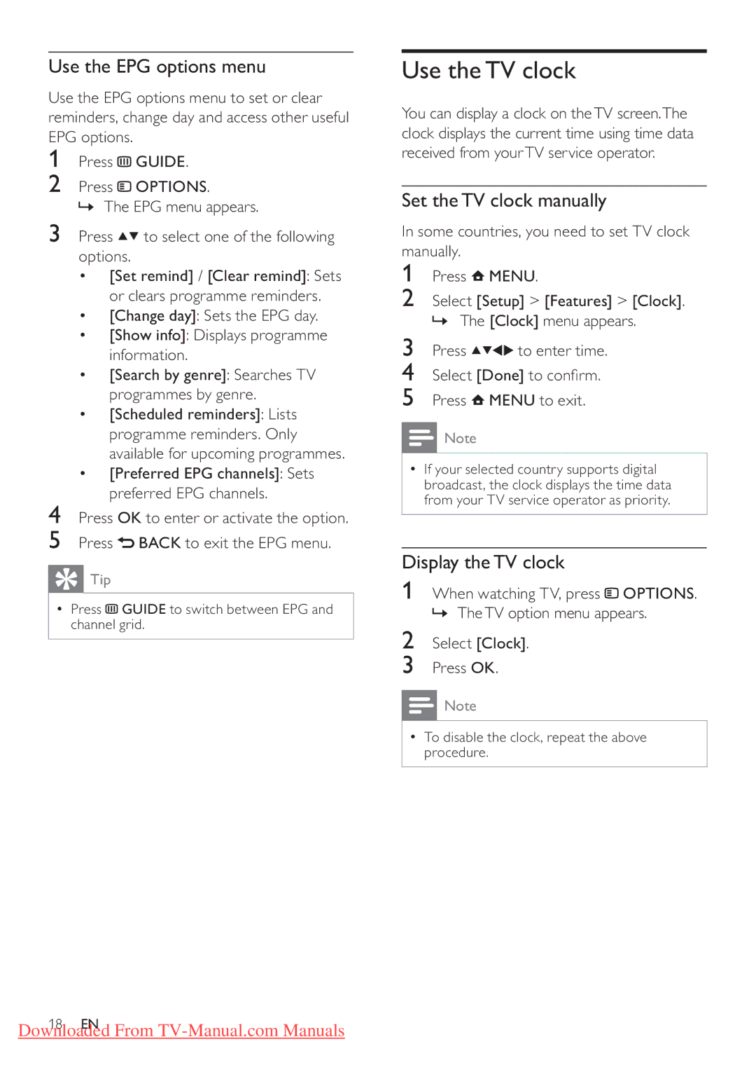 Philips 42PFL3405H/12 Use the TV clock, Use the EPG options menu, Set the TV clock manually, Display the TV clock 