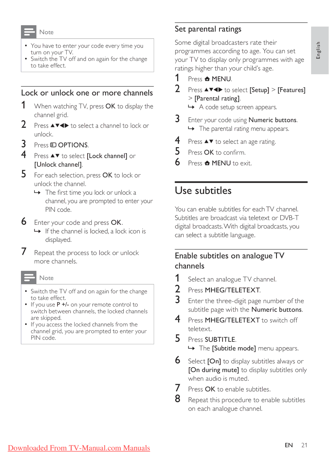 Philips 42PFL3405H/12, 32PFL3205H/12 user manual Use subtitles, Lock or unlock one or more channels, Set parental ratings 