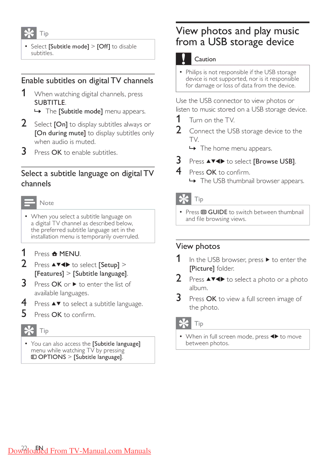 Philips 32PFL3205H/12 Enable subtitles on digital TV channels, Select a subtitle language on digital TV channels 