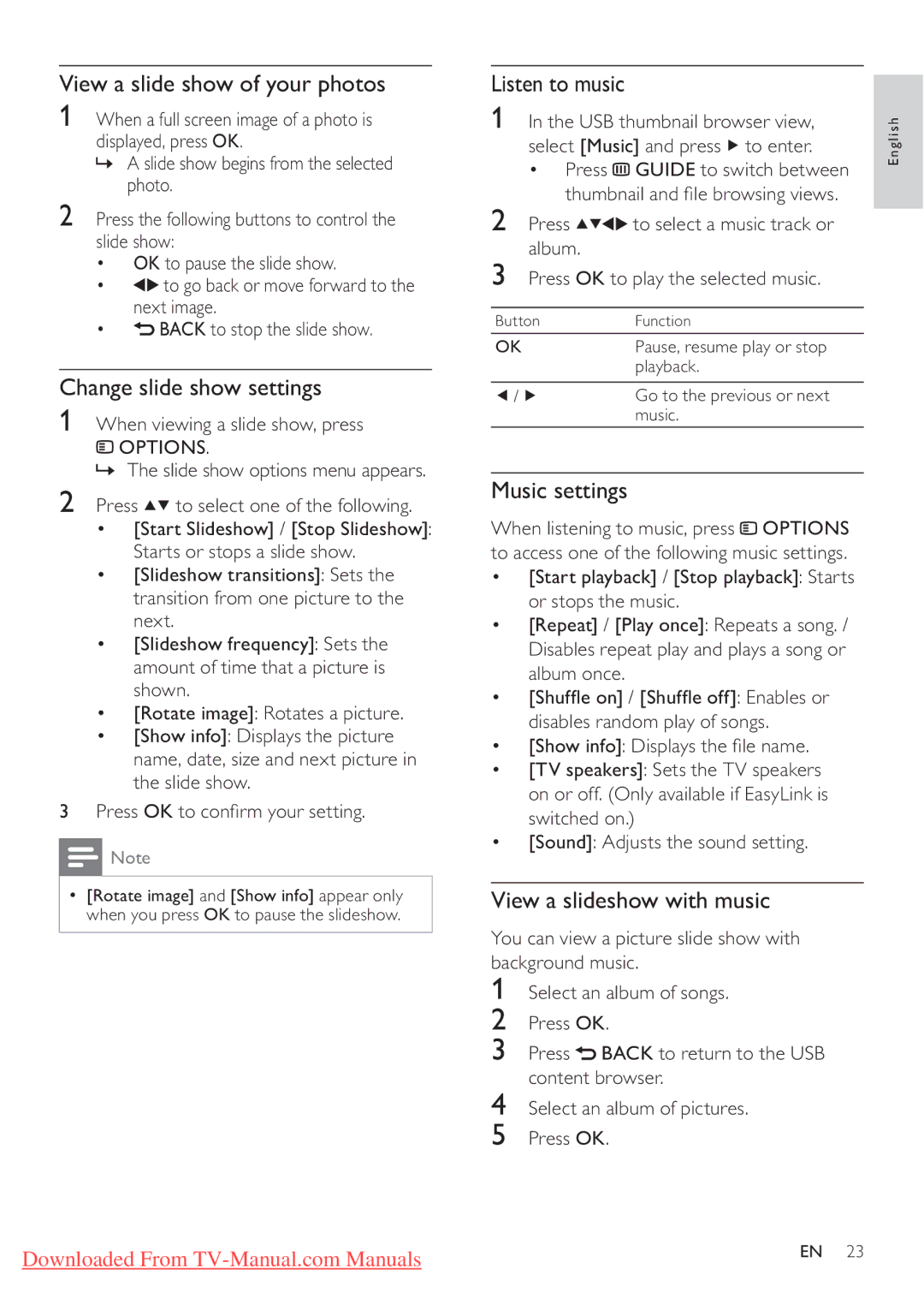 Philips 32PFL3405H/12 View a slide show of your photos, Change slide show settings, Listen to music, Music settings 