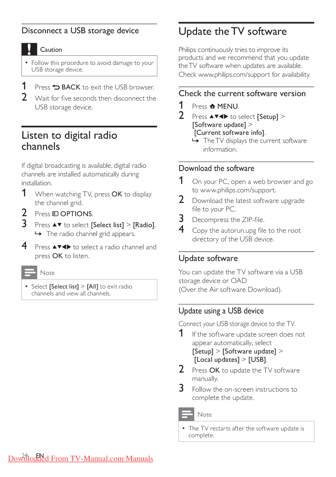 Philips 42PFL3405H/12, 32PFL3205H/12, 32PFL3405H/12 user manual Listen to digital radio channels, Update the TV software 