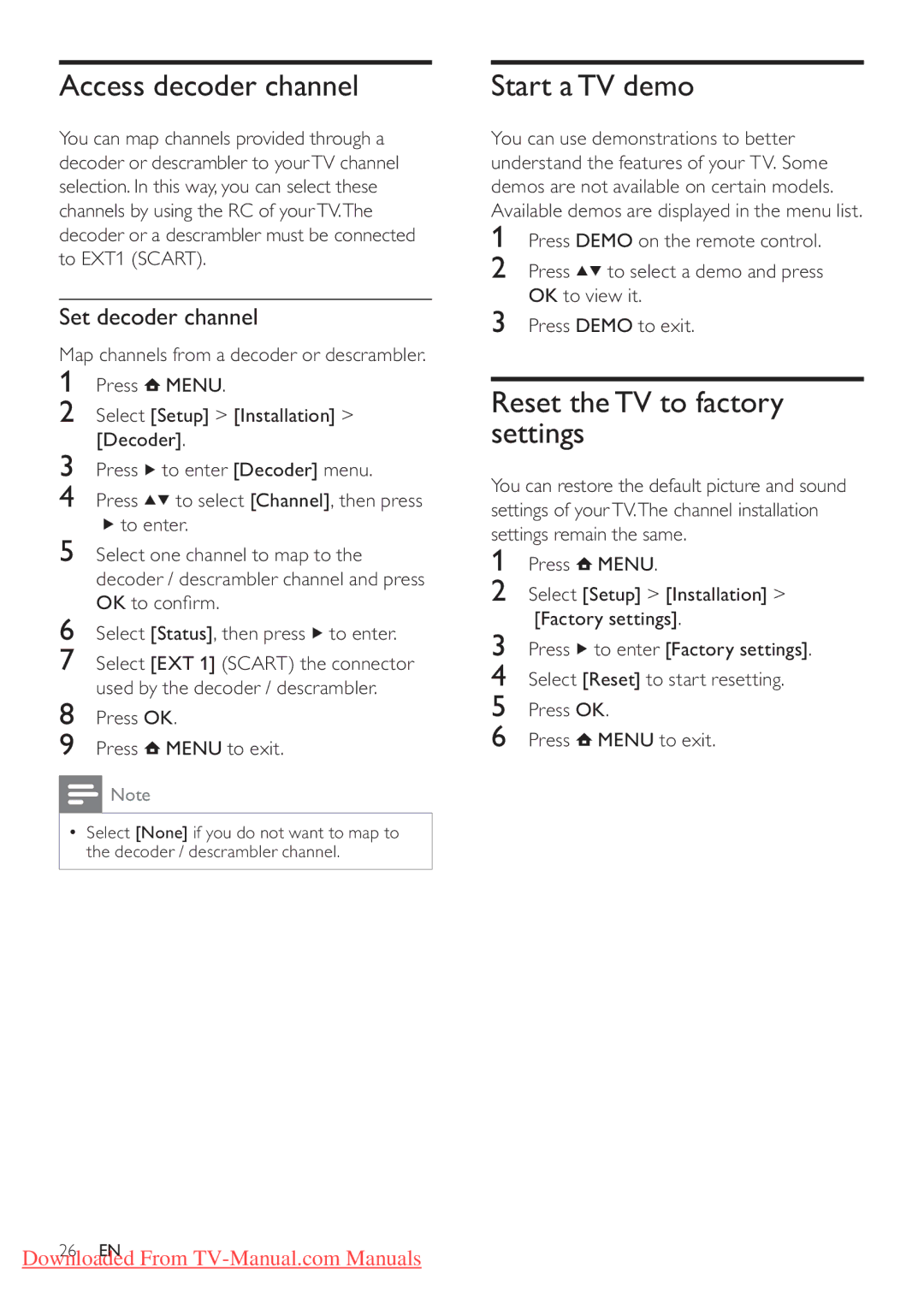 Philips 32PFL3405H/12 Access decoder channel, Start a TV demo, Reset the TV to factory settings, Set decoder channel 