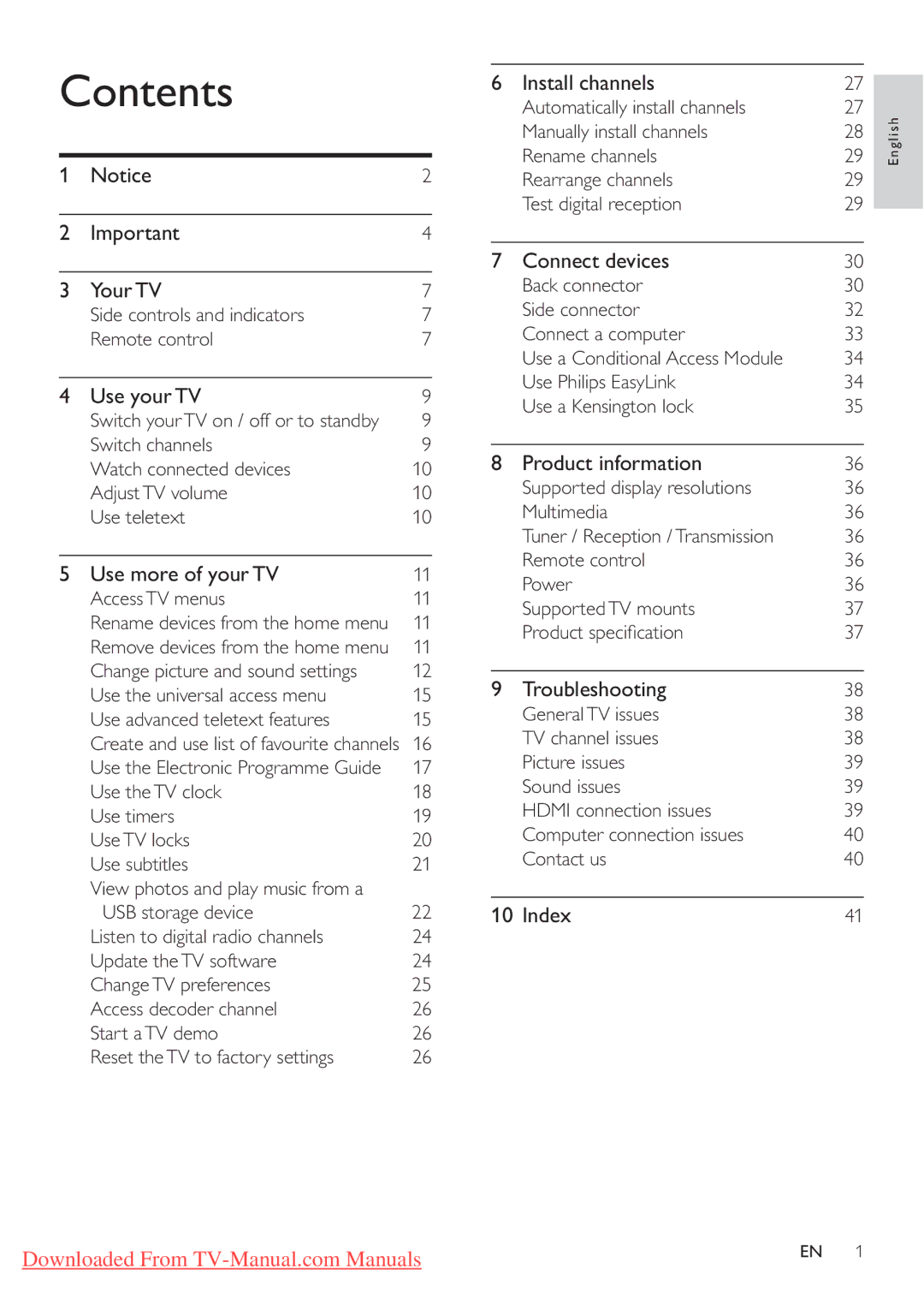 Philips 32PFL3205H/12, 32PFL3405H/12, 42PFL3405H/12 user manual Contents 