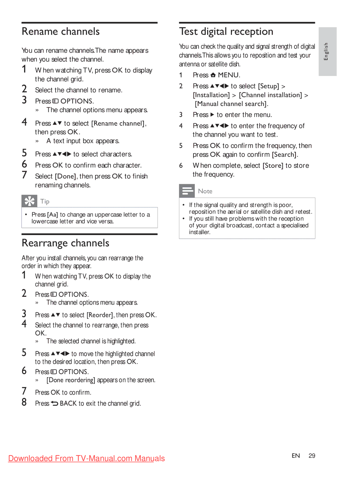 Philips 32PFL3405H/12, 32PFL3205H/12, 42PFL3405H/12 user manual Rename channels, Rearrange channels, Test digital reception 