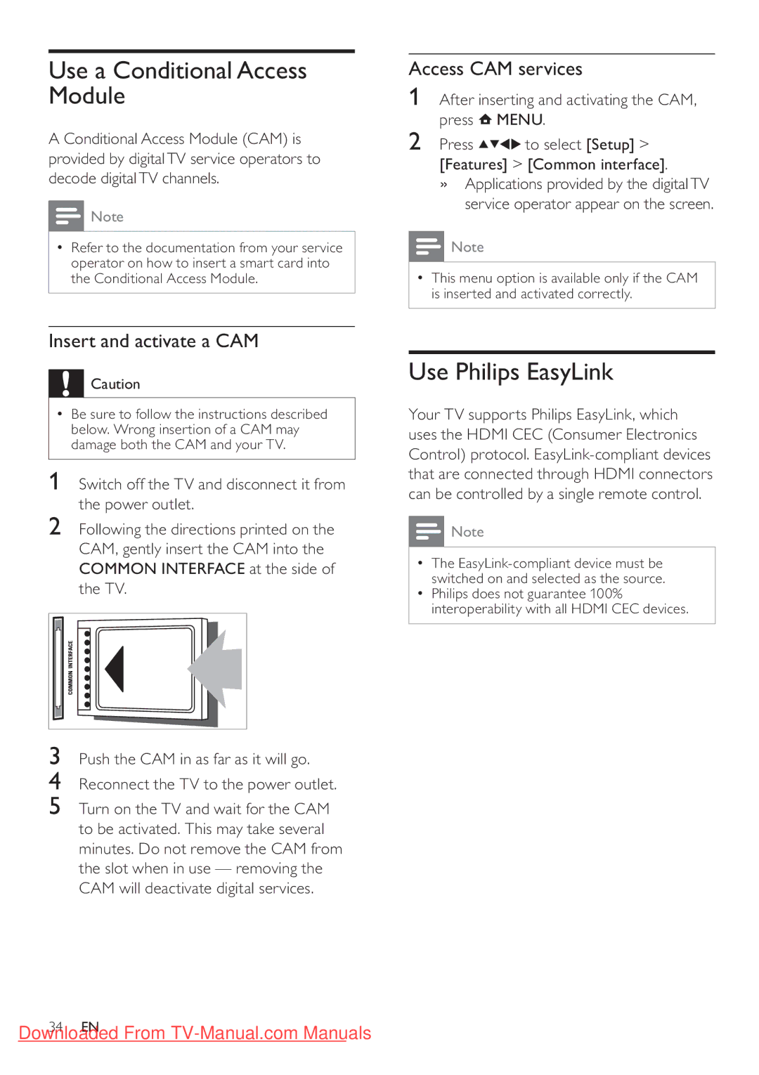 Philips 32PFL3205H/12, 32PFL3405H/12 Use a Conditional Access Module, Use Philips EasyLink, Insert and activate a CAM 