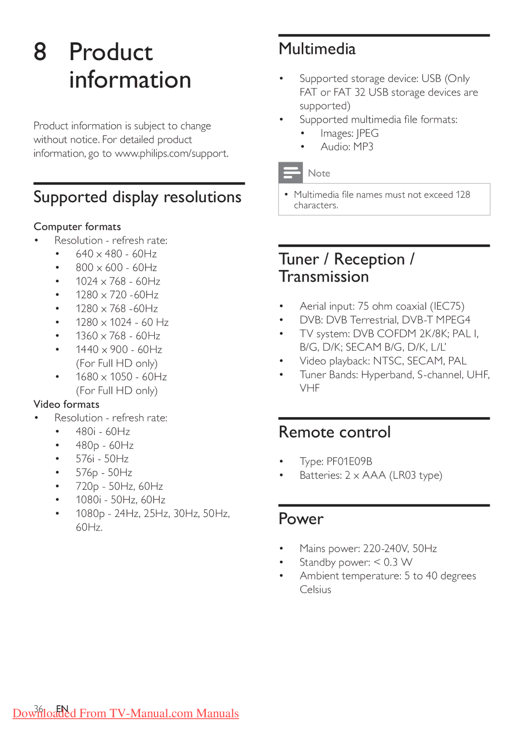 Philips 42PFL3405H/12 Product information, Supported display resolutions, Multimedia, Tuner / Reception Transmission 