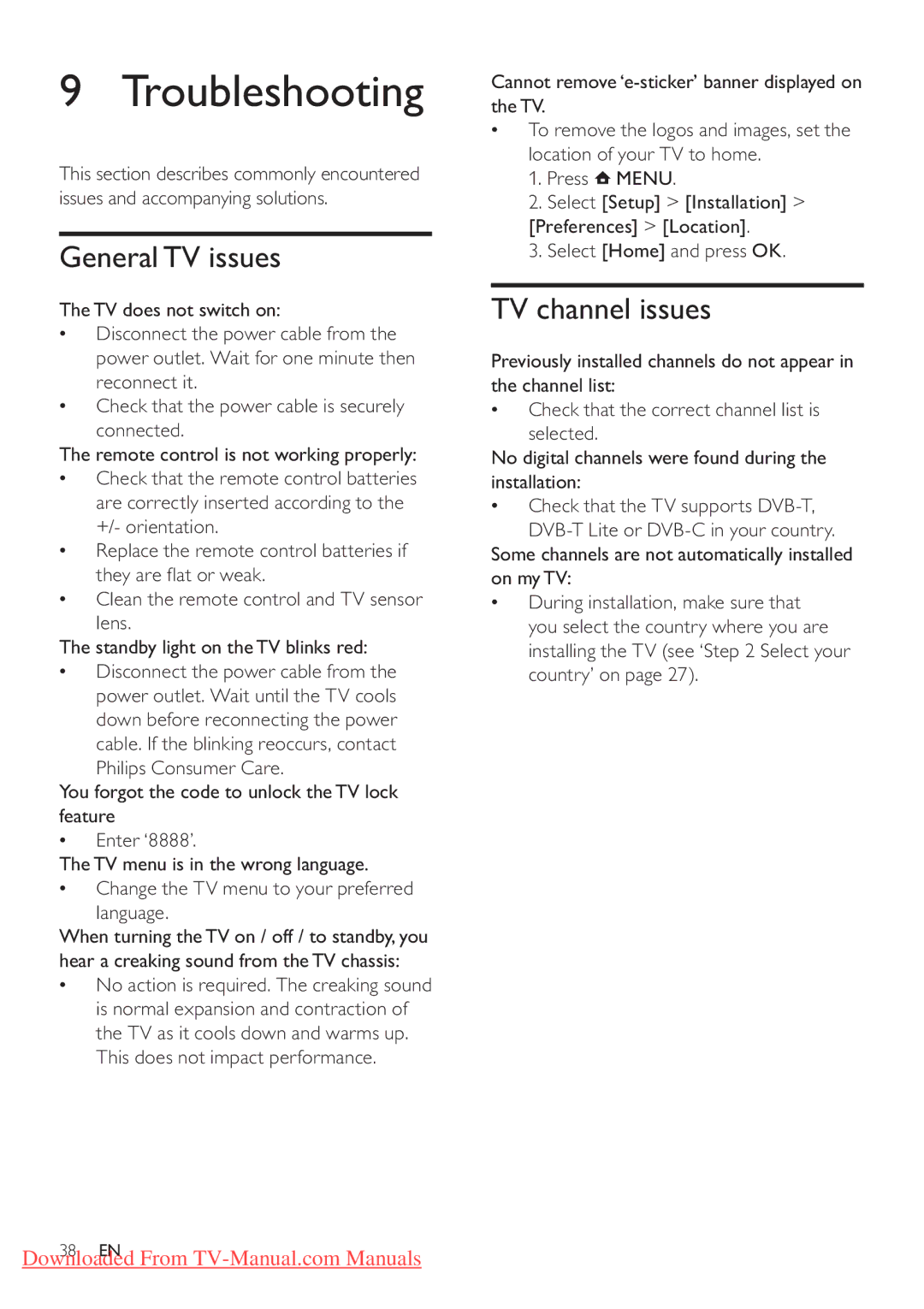 Philips 32PFL3405H/12, 32PFL3205H/12, 42PFL3405H/12 user manual Troubleshooting, General TV issues, TV channel issues 