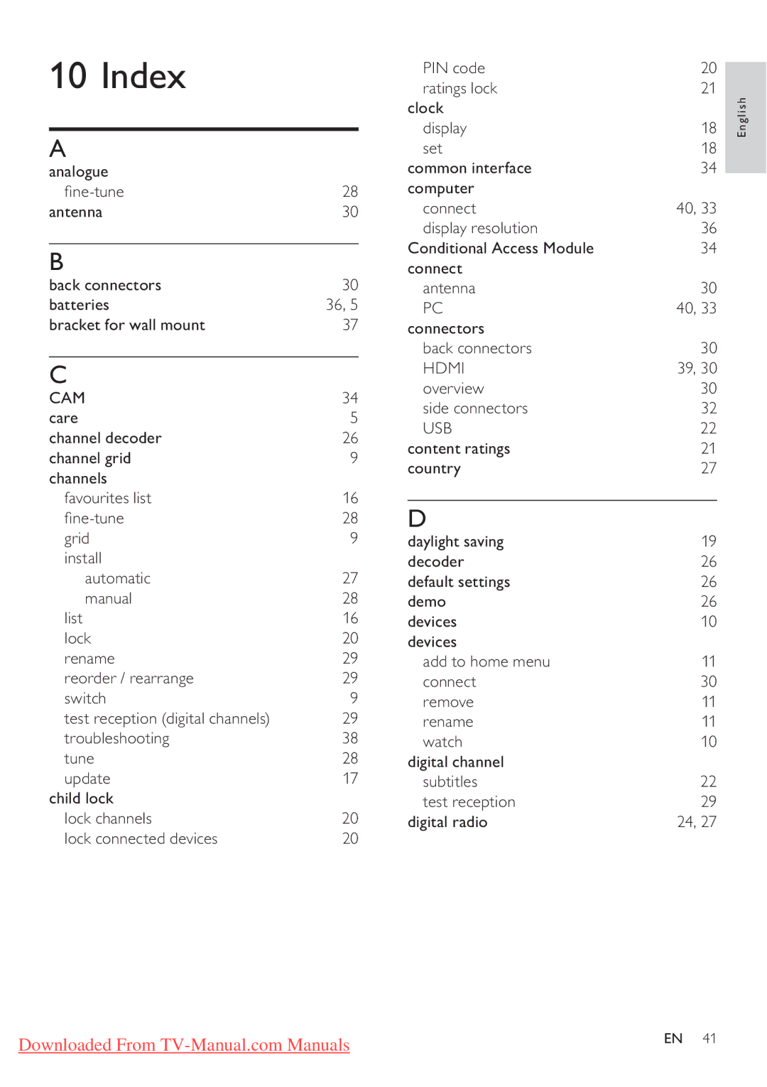 Philips 32PFL3405H/12, 32PFL3205H/12, 42PFL3405H/12 user manual Index, PIN code Ratings lock, Overview, Side connectors Care 