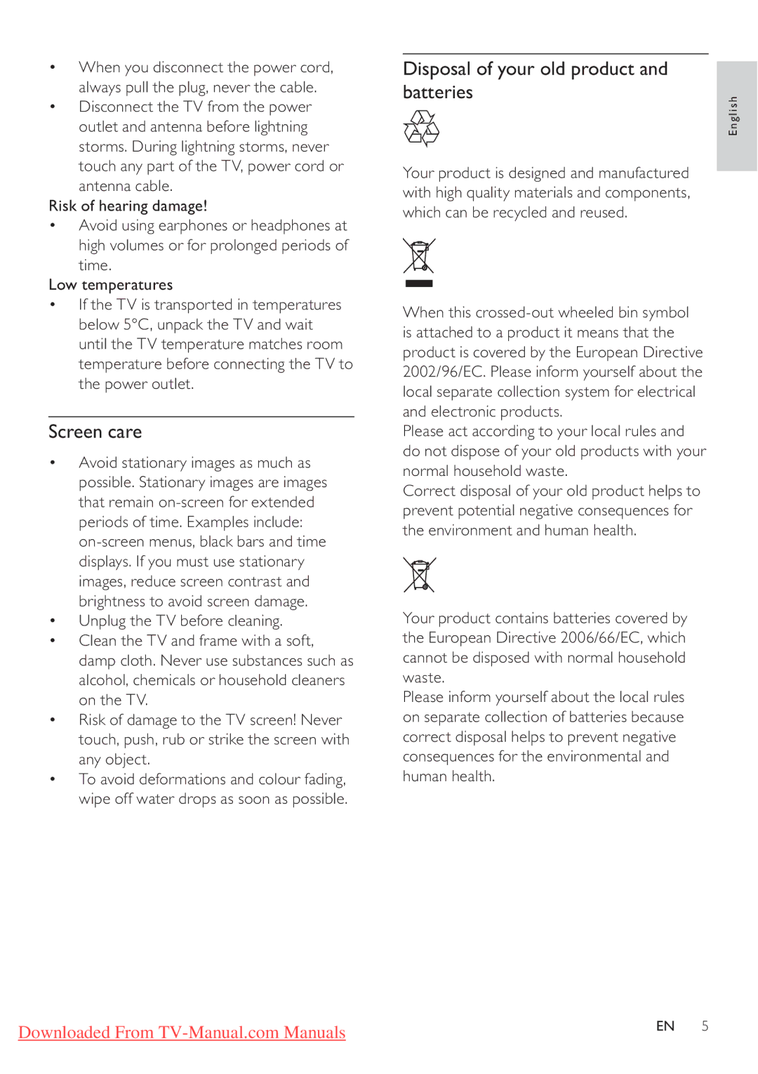 Philips 32PFL3405H/12, 32PFL3205H/12, 42PFL3405H/12 user manual Screen care, Disposal of your old product and batteries 