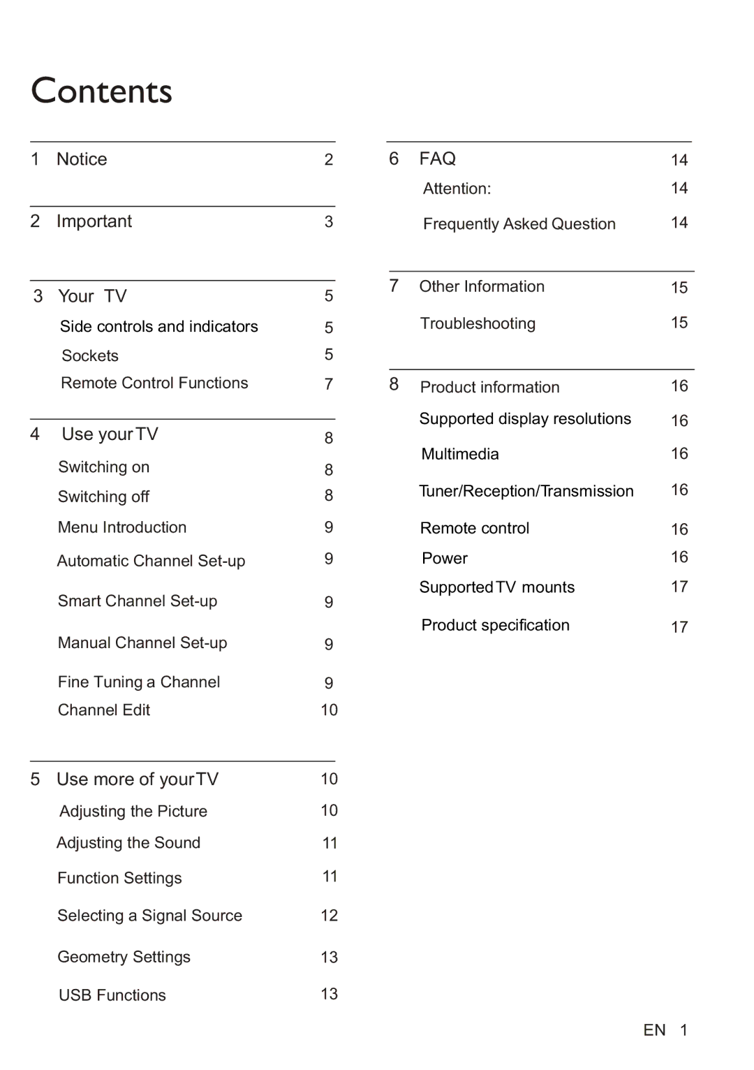 Philips 24PFL4505/V7, 32PFL3305/V7, 24PFL5505/V7, 32PFL4305/V7, 42PFL3505/V7 user manual Contents 