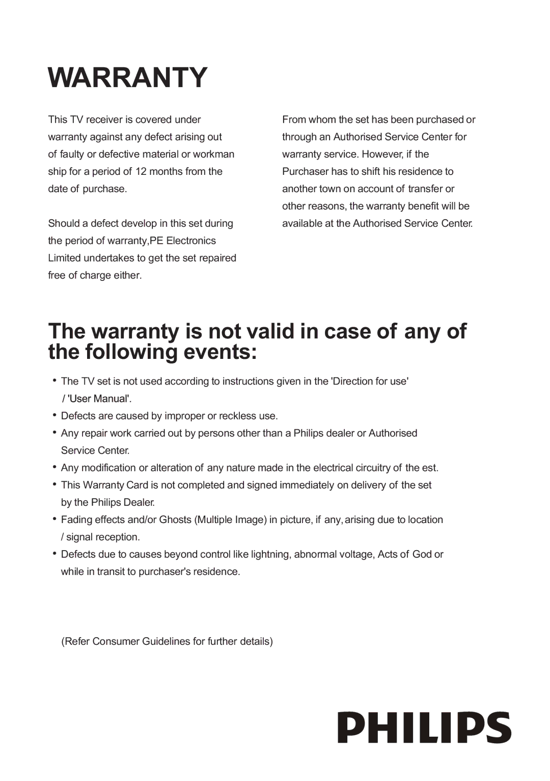 Philips 24PFL4505/V7, 32PFL3305/V7, 24PFL5505/V7, 32PFL4305/V7, 42PFL3505/V7 user manual Warranty 