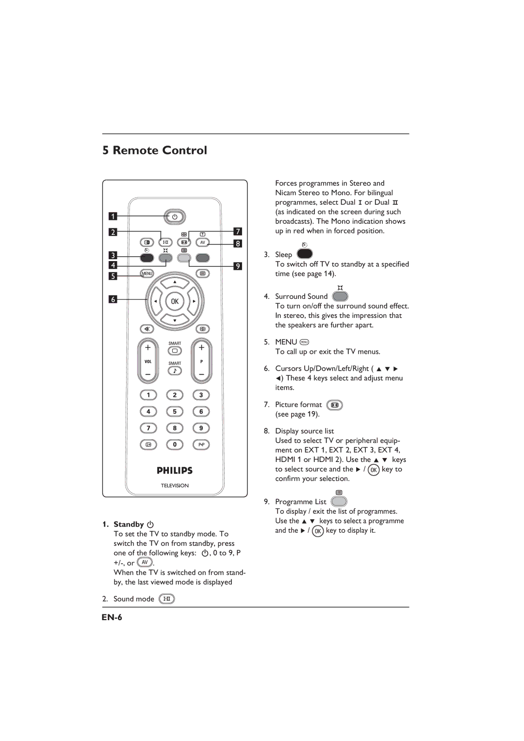 Philips 26PFL3312S, 32PFL3312S, 26PFL5322S, 32PFL5332S user manual Remote Control, EN-6, Standby, +/-, or, Sound mode 