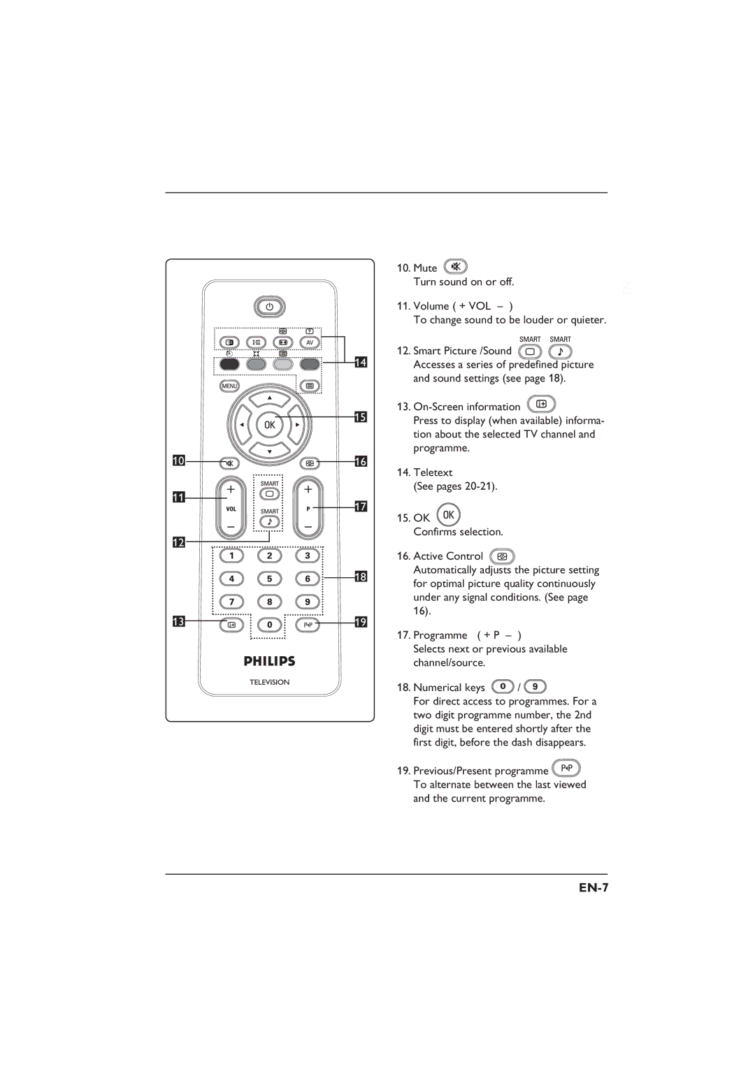 Philips 32PFL5332S, 32PFL3312S, 26PFL5322S, 26PFL3312S user manual EN-7, Mute Turn sound on or off Volume + VOL 