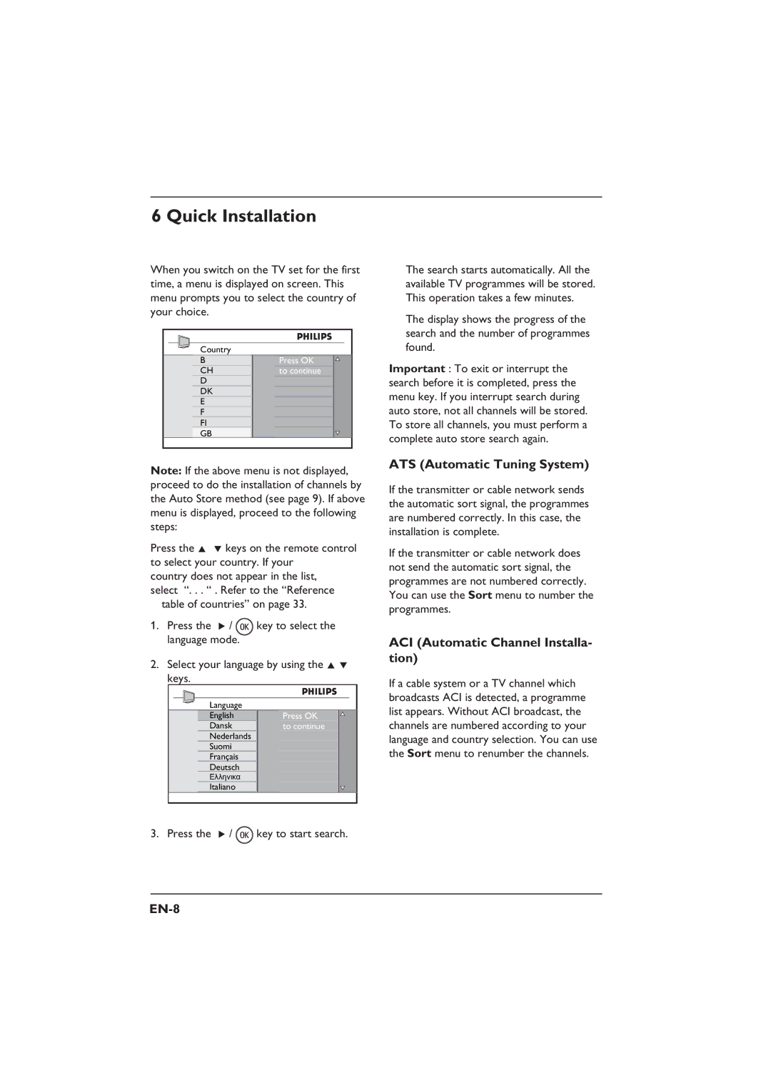 Philips 32PFL3312S, 26PFL5322S Quick Installation, ATS Automatic Tuning System, ACI Automatic Channel Installa- tion, EN-8 